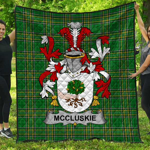 Mccluskie Or Mccloskie Irish Family Crest Premium Quilt - Irish National Tartan