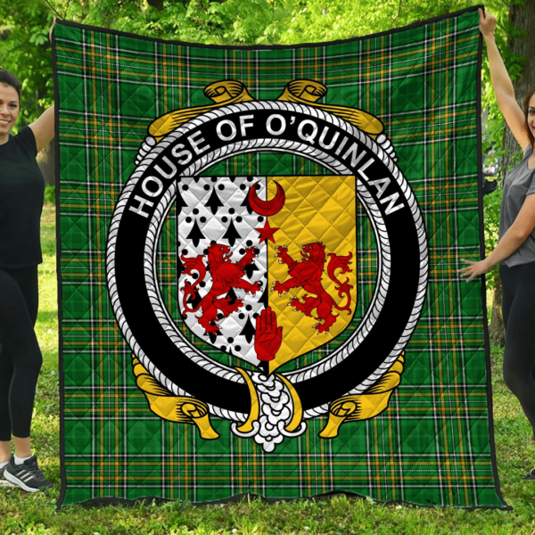 House Of O'Quinlan Irish Family Crest Premium Quilt - Irish National Tartan