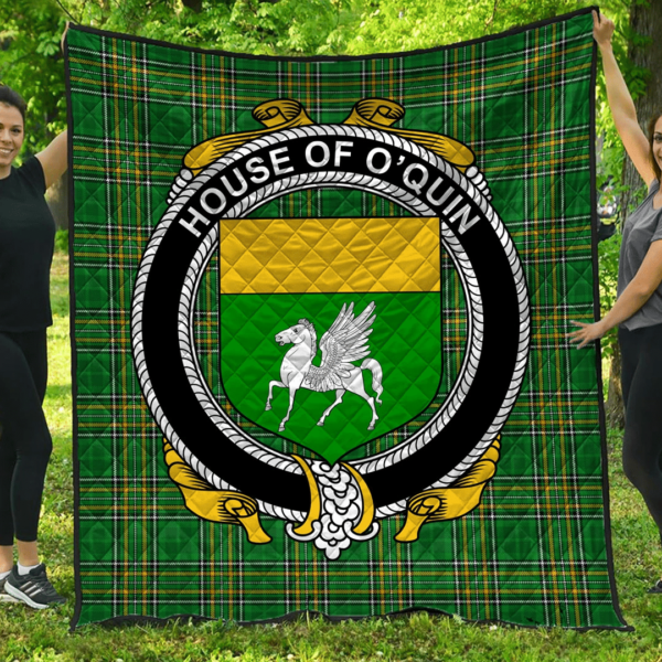 House Of O'Quin (Annaly) Irish Family Crest Premium Quilt - Irish National Tartan