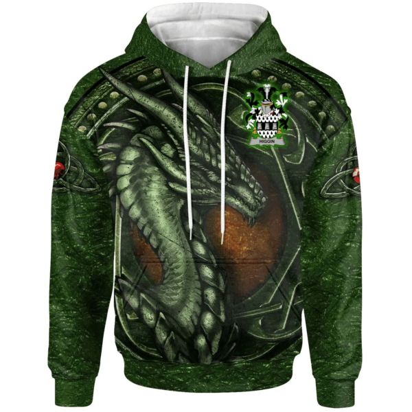 Ireland Hoodie - Higgin or O'Higgin Irish Family Crest Hoodie - Celtic Green Dragon