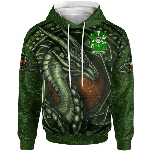 Ireland Hoodie - Hennessy or O'Hennessy Irish Family Crest Hoodie - Celtic Green Dragon