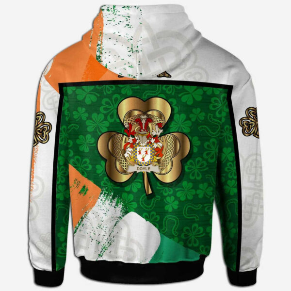 Ireland Hoodie - Doyle or O'Doyle Irish Family Crest Hoodie - Irish Shamrock With Celtic Cross - Image 2