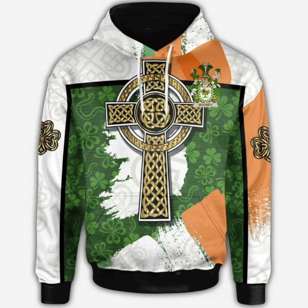 Ireland Hoodie - Mooney or O'Mooney Irish Family Crest Hoodie - Irish Shamrock With Celtic Cross