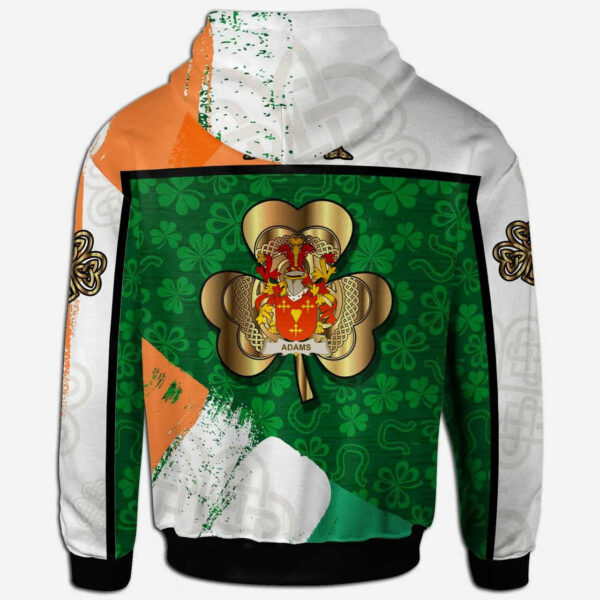 Ireland Hoodie - Adams Irish Family Crest Hoodie - Irish Shamrock With Celtic Cross - Image 2