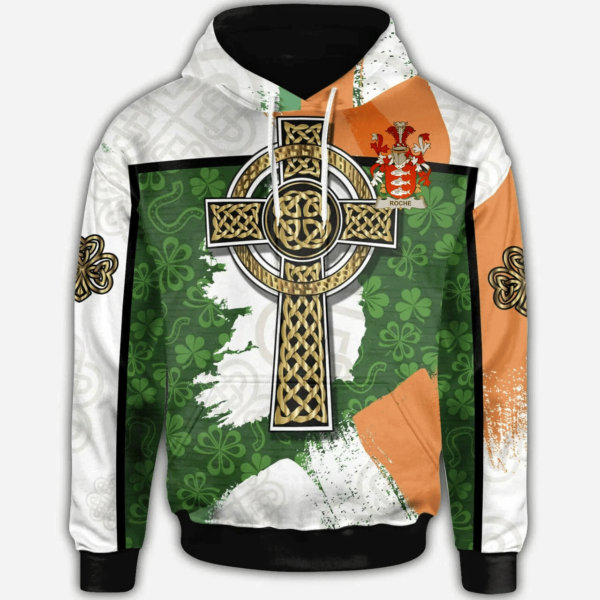 Ireland Hoodie - Roche Irish Family Crest Hoodie - Irish Shamrock With Celtic Cross