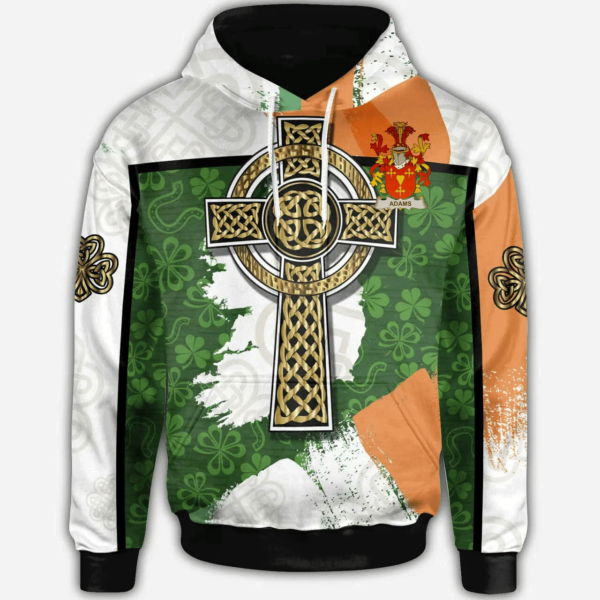 Ireland Hoodie - Adams Irish Family Crest Hoodie - Irish Shamrock With Celtic Cross