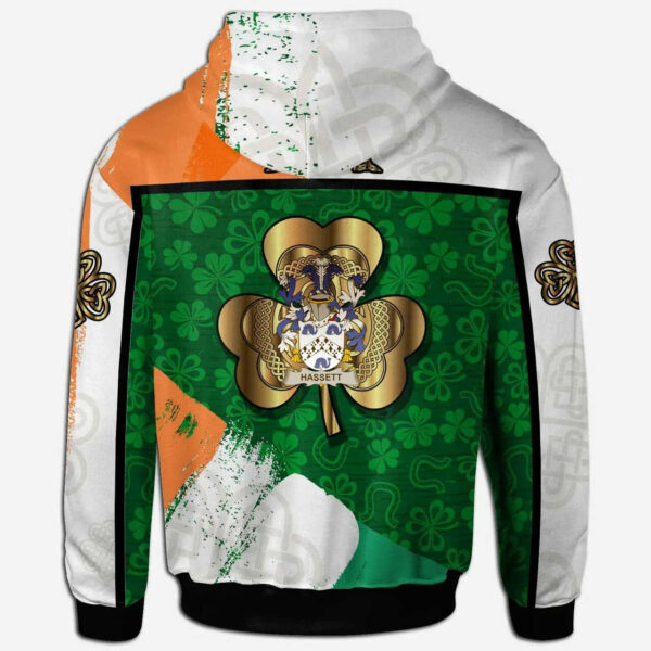 Ireland Hoodie - Hassett or Hasset Irish Family Crest Hoodie - Irish Shamrock With Celtic Cross - Image 2