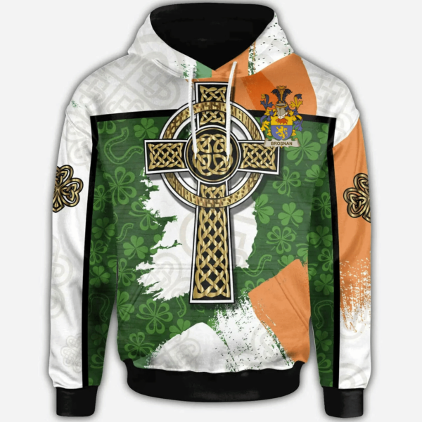 Ireland Hoodie - Brosnan or O'Brosnan Irish Family Crest Hoodie - Irish Shamrock With Celtic Cross