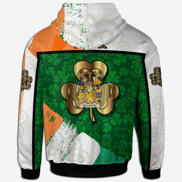 Ireland Hoodie - Beaumont Irish Family Crest Hoodie - Irish Shamrock With Celtic Cross - Image 2