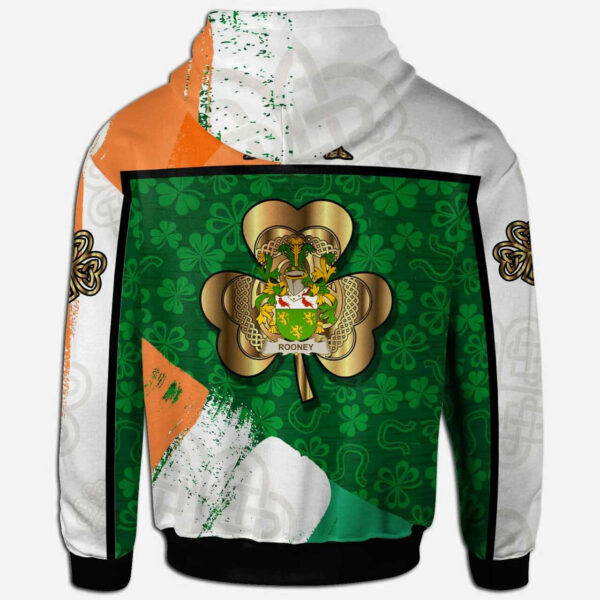 Ireland Hoodie - Rooney or O'Rooney Irish Family Crest Hoodie - Irish Shamrock With Celtic Cross - Image 2