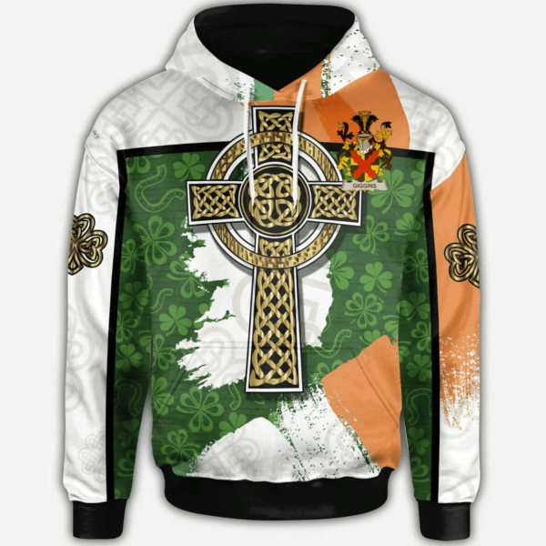 Ireland Hoodie - Giggins Irish Family Crest Hoodie - Irish Shamrock With Celtic Cross