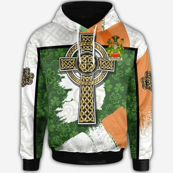 Ireland Hoodie - Heffernan or O'Heffernan Irish Family Crest Hoodie - Irish Shamrock With Celtic Cross