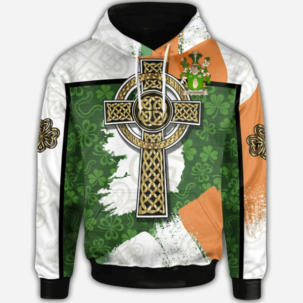 Ireland Hoodie - Loughnan or O'Loughnan Irish Family Crest Hoodie - Irish Shamrock With Celtic Cross