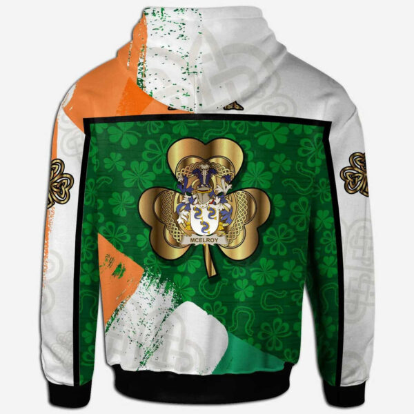 Ireland Hoodie - McElroy or Gilroy Irish Family Crest Hoodie - Irish Shamrock With Celtic Cross - Image 2