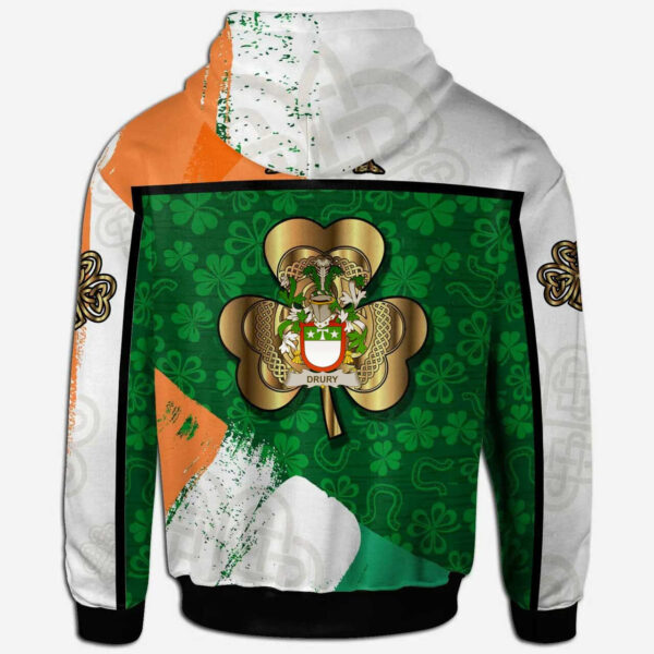 Ireland Hoodie - Drury or McDrury Irish Family Crest Hoodie - Irish Shamrock With Celtic Cross - Image 2