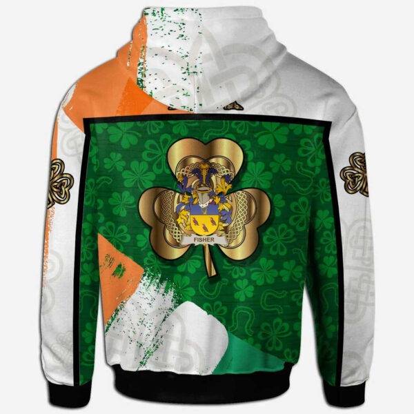 Ireland Hoodie - Fisher Irish Family Crest Hoodie - Irish Shamrock With Celtic Cross - Image 2