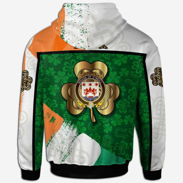 Ireland Hoodie - House of O'NEILL Irish Family Crest Hoodie - Irish Shamrock With Celtic Cross - Image 2