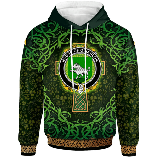 Ireland Hoodie - House of O'HANLON Irish Family Crest Hoodie - Celtic Cross Shamrock Patterns