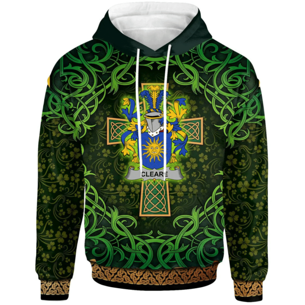 Ireland Hoodie - Cleare Irish Family Crest Hoodie - Celtic Cross Shamrock Patterns