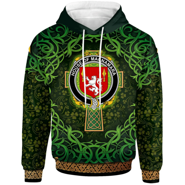 Ireland Hoodie - House of MACNAMARA Irish Family Crest Hoodie - Celtic Cross Shamrock Patterns