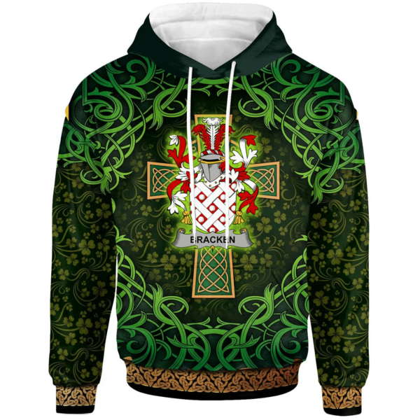 Ireland Hoodie - Bracken or O'Bracken Irish Family Crest Hoodie - Celtic Cross Shamrock Patterns