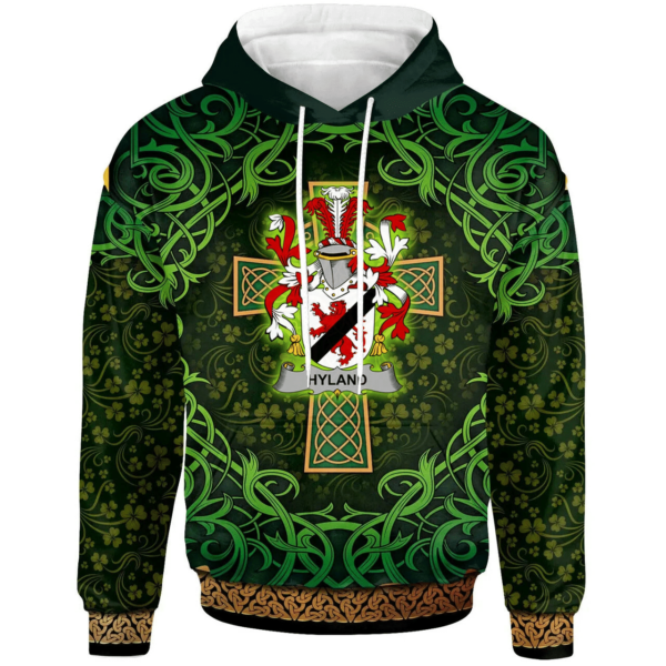 Ireland Hoodie - Hyland or O'Hyland Irish Family Crest Hoodie - Celtic Cross Shamrock Patterns