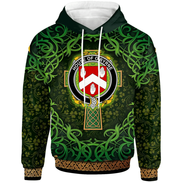 Ireland Hoodie - House of O'BYRNE Irish Family Crest Hoodie - Celtic Cross Shamrock Patterns