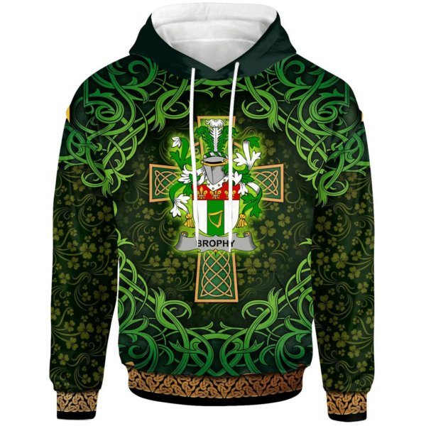 Ireland Hoodie - Brophy or O'Brophy Irish Family Crest Hoodie - Celtic Cross Shamrock Patterns