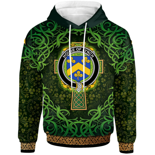 Ireland Hoodie - House of LYNCH Irish Family Crest Hoodie - Celtic Cross Shamrock Patterns