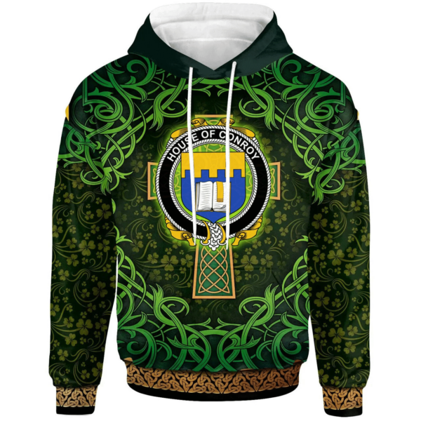 Ireland Hoodie - House of CONROY (O'MULCONRY) Irish Family Crest Hoodie - Celtic Cross Shamrock Patterns