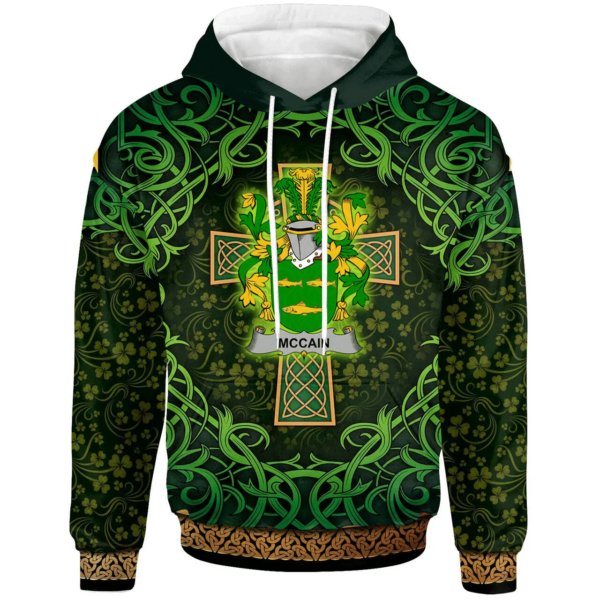 Ireland Hoodie - McCain or O'Kane Irish Family Crest Hoodie - Celtic Cross Shamrock Patterns