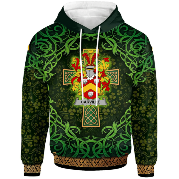 Ireland Hoodie - Carville or McCarville Irish Family Crest Hoodie - Celtic Cross Shamrock Patterns