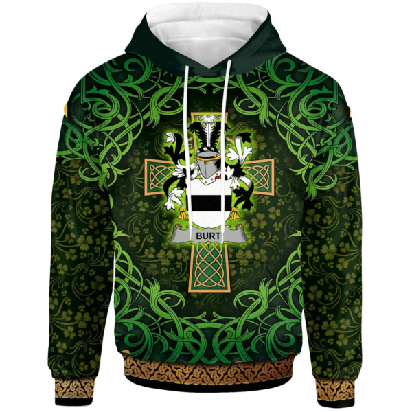 Ireland Hoodie - Burt or Birt Irish Family Crest Hoodie - Celtic Cross Shamrock Patterns