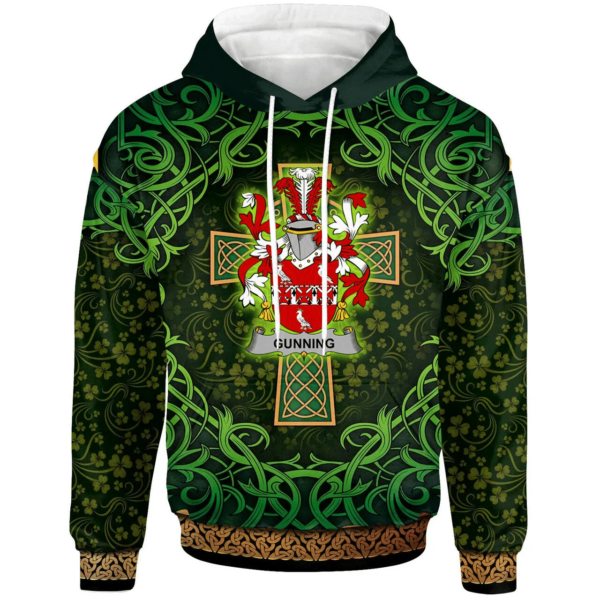 Ireland Hoodie - Gunning or O'Gunning Irish Family Crest Hoodie - Celtic Cross Shamrock Patterns