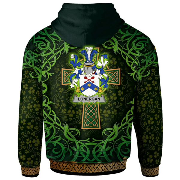 Ireland Hoodie - Lonergan or O'Lonergan Irish Family Crest Hoodie - Celtic Cross Shamrock Patterns - Image 2