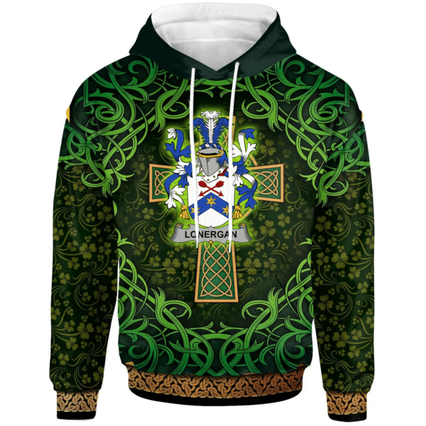 Ireland Hoodie - Lonergan or O'Lonergan Irish Family Crest Hoodie - Celtic Cross Shamrock Patterns