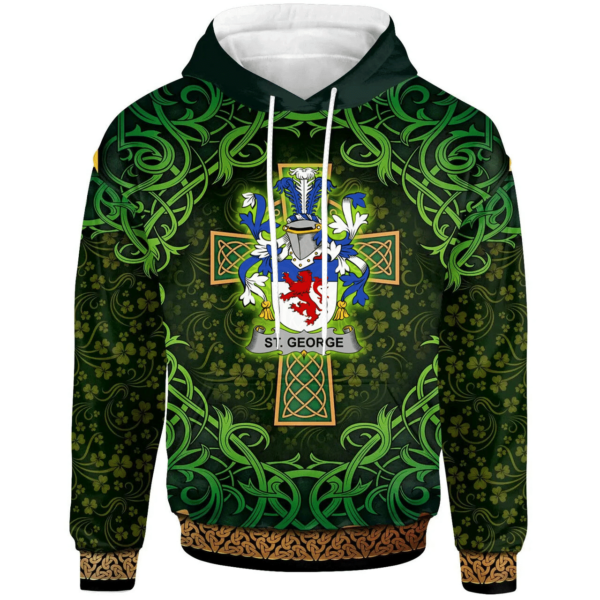 Ireland Hoodie - St. George Irish Family Crest Hoodie - Celtic Cross Shamrock Patterns