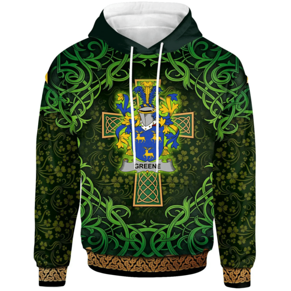 Ireland Hoodie - Greene Irish Family Crest Hoodie - Celtic Cross Shamrock Patterns