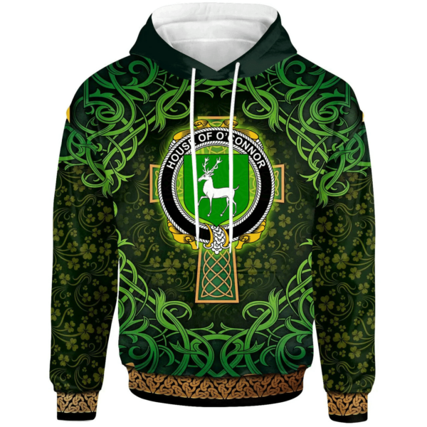 Ireland Hoodie - House of O'CONNOR (Corcomroe) Irish Family Crest Hoodie - Celtic Cross Shamrock Patterns