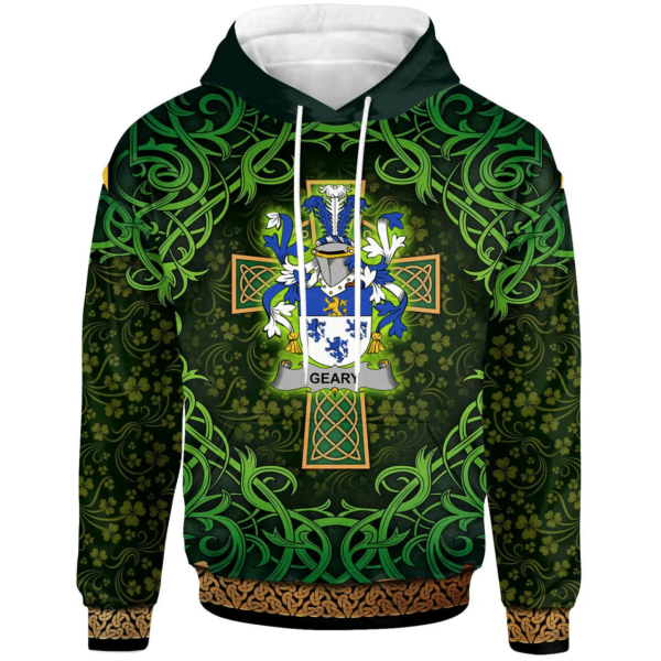 Ireland Hoodie - Geary or O'Geary Irish Family Crest Hoodie - Celtic Cross Shamrock Patterns