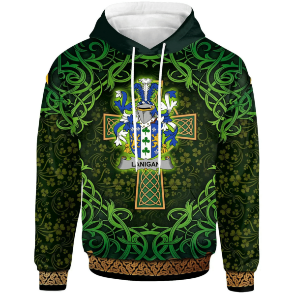 Ireland Hoodie - Lanigan or O'Lenigan Irish Family Crest Hoodie - Celtic Cross Shamrock Patterns