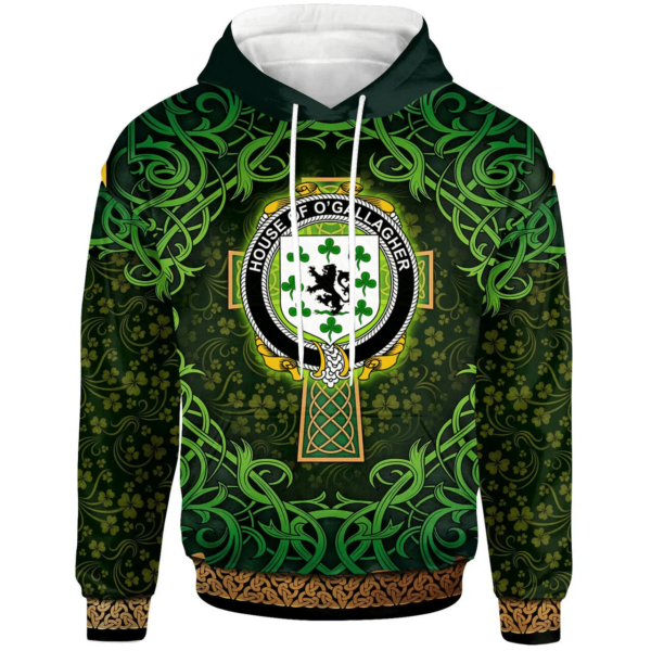 Ireland Hoodie - House of O'GALLAGHER Irish Family Crest Hoodie - Celtic Cross Shamrock Patterns