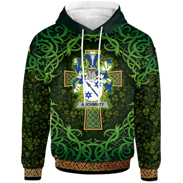 Ireland Hoodie - Auchmuty Irish Family Crest Hoodie - Celtic Cross Shamrock Patterns