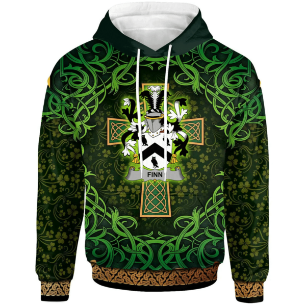 Ireland Hoodie - Finn or O'Finn Irish Family Crest Hoodie - Celtic Cross Shamrock Patterns