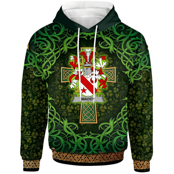 Ireland Hoodie - Waddy Irish Family Crest Hoodie - Celtic Cross Shamrock Patterns