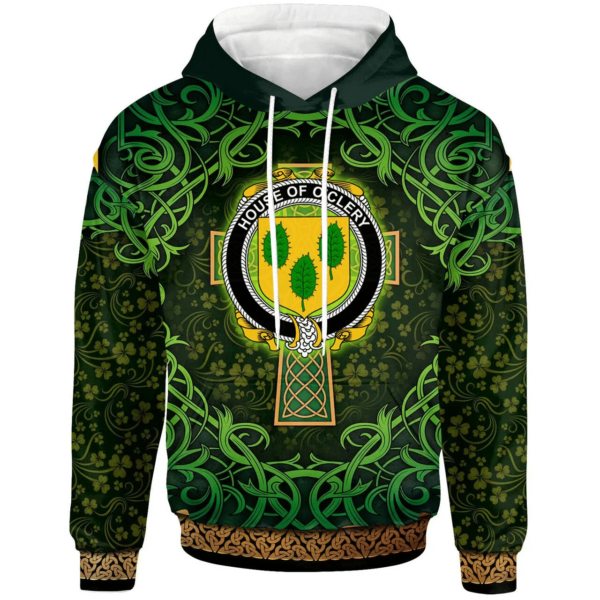 Ireland Hoodie - House of O'CLERY Irish Family Crest Hoodie - Celtic Cross Shamrock Patterns