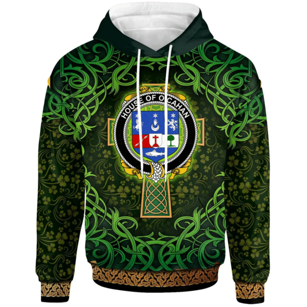 Ireland Hoodie - House of O'CAHAN (KEANE) Irish Family Crest Hoodie - Celtic Cross Shamrock Patterns