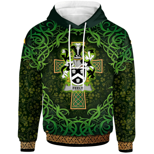 Ireland Hoodie - Feely or O'Feehily Irish Family Crest Hoodie - Celtic Cross Shamrock Patterns