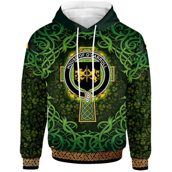 Ireland Hoodie - House of O'CARROLL Irish Family Crest Hoodie - Celtic Cross Shamrock Patterns