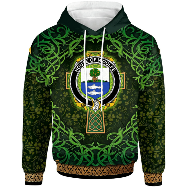 Ireland Hoodie - House of WOULFE Irish Family Crest Hoodie - Celtic Cross Shamrock Patterns